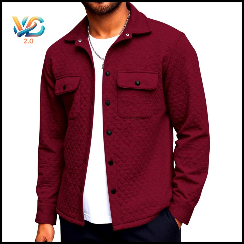 Mens Lightweight Quilted Shacket Button Down Long Sleeve Casual Jacket